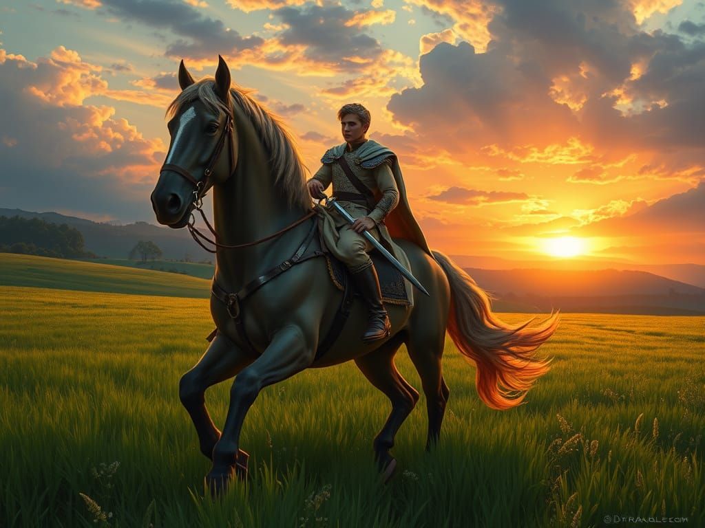 Noble Prince Rides into Sunrise on Majestic Horse