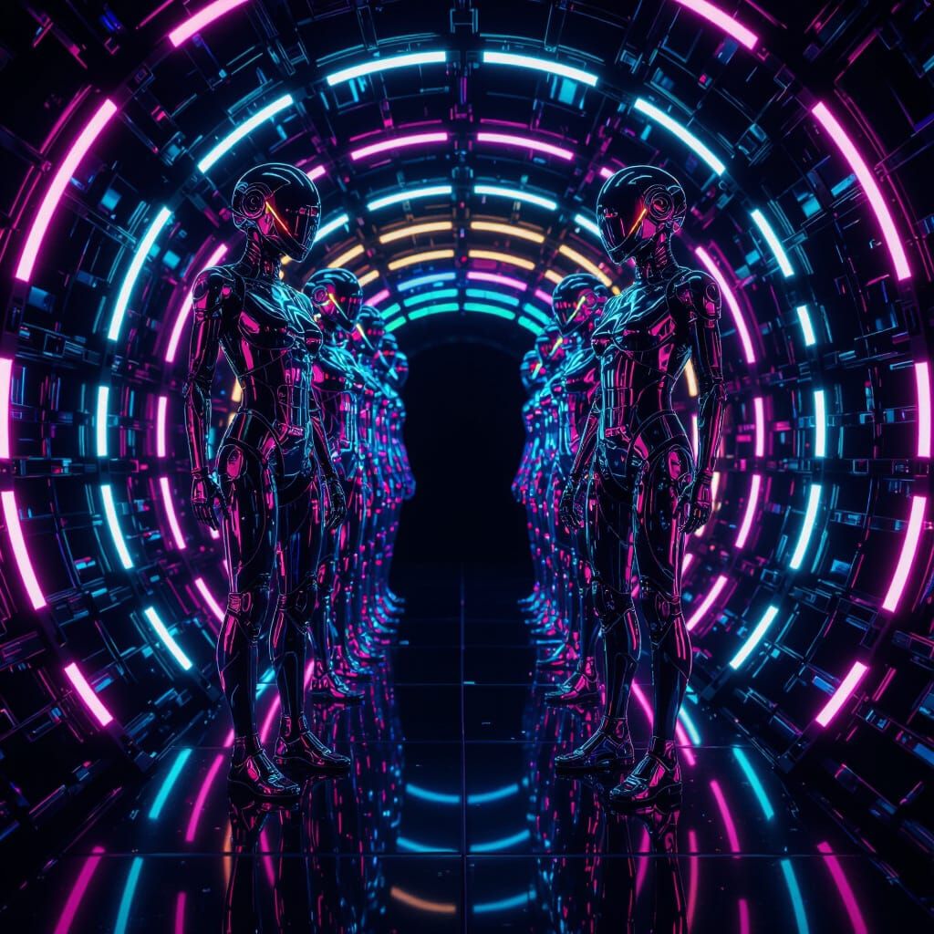 Robotic Kaleidoscopic Symmetry in Neon Noir Style