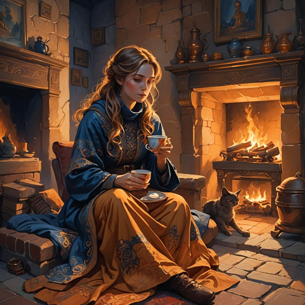 Fantasy Woman Relaxing by Fireplace: Detailed Concept Art