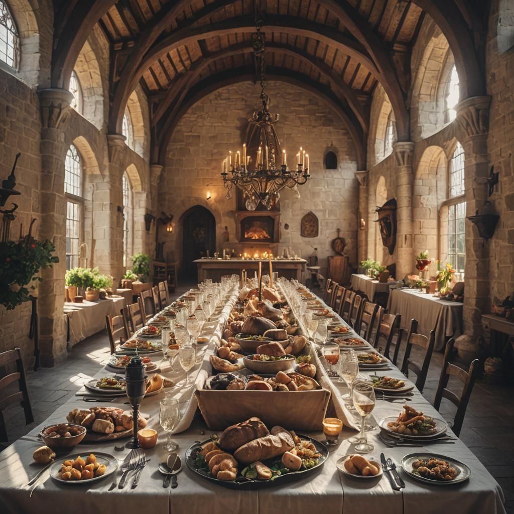 Medieval Banquet in Castle Hall with Sunlight