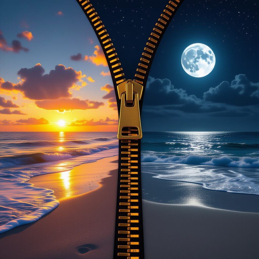 Surreal Zipper Divides Day and Night Beach Scenes