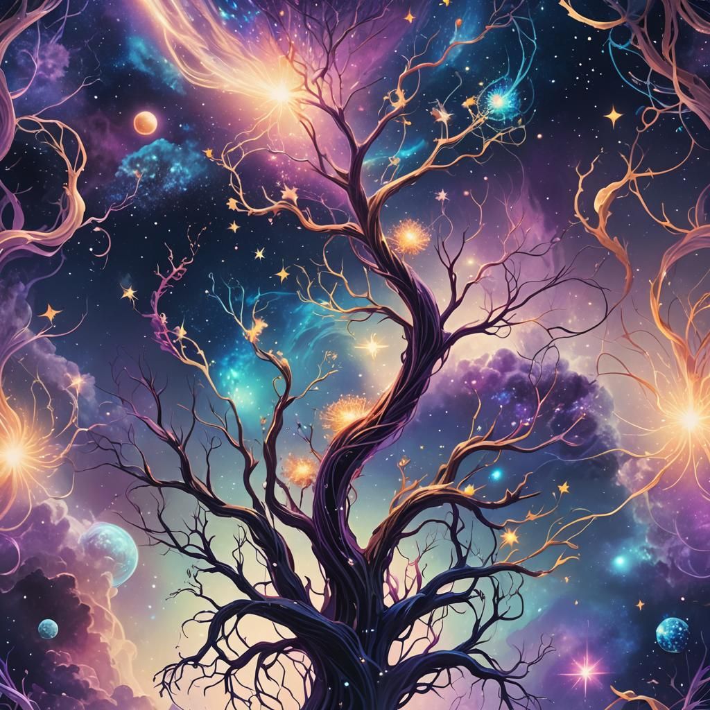 Cosmic Roots Binding Stars in Dreamlike Illustration