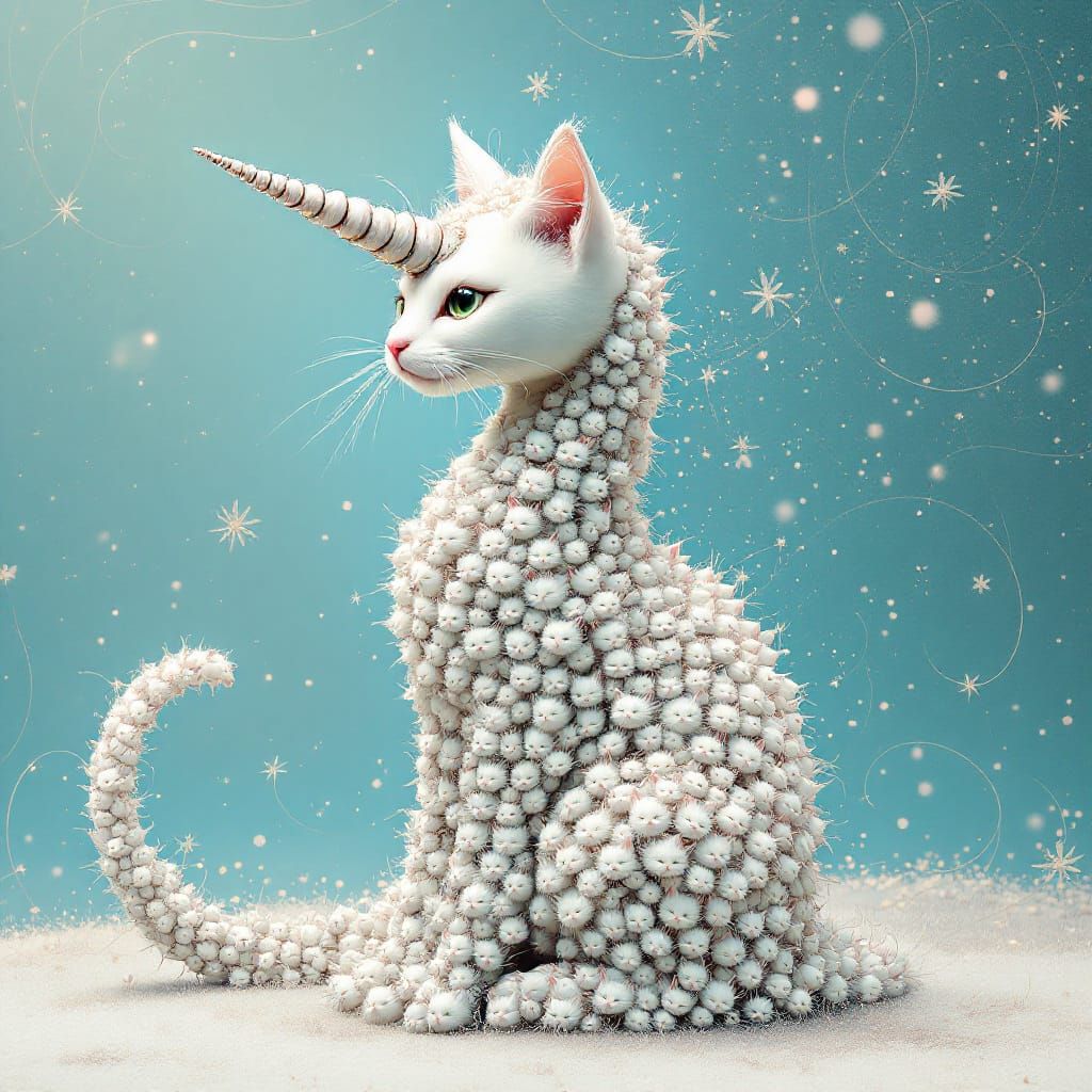 Whimsical Feline Unicorn in Dreamlike Surrealism