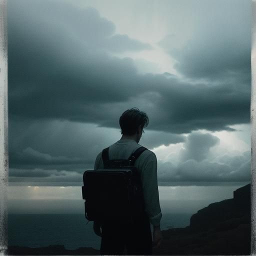 Musician at Stormy Cliff: VHS Horror Aesthetic