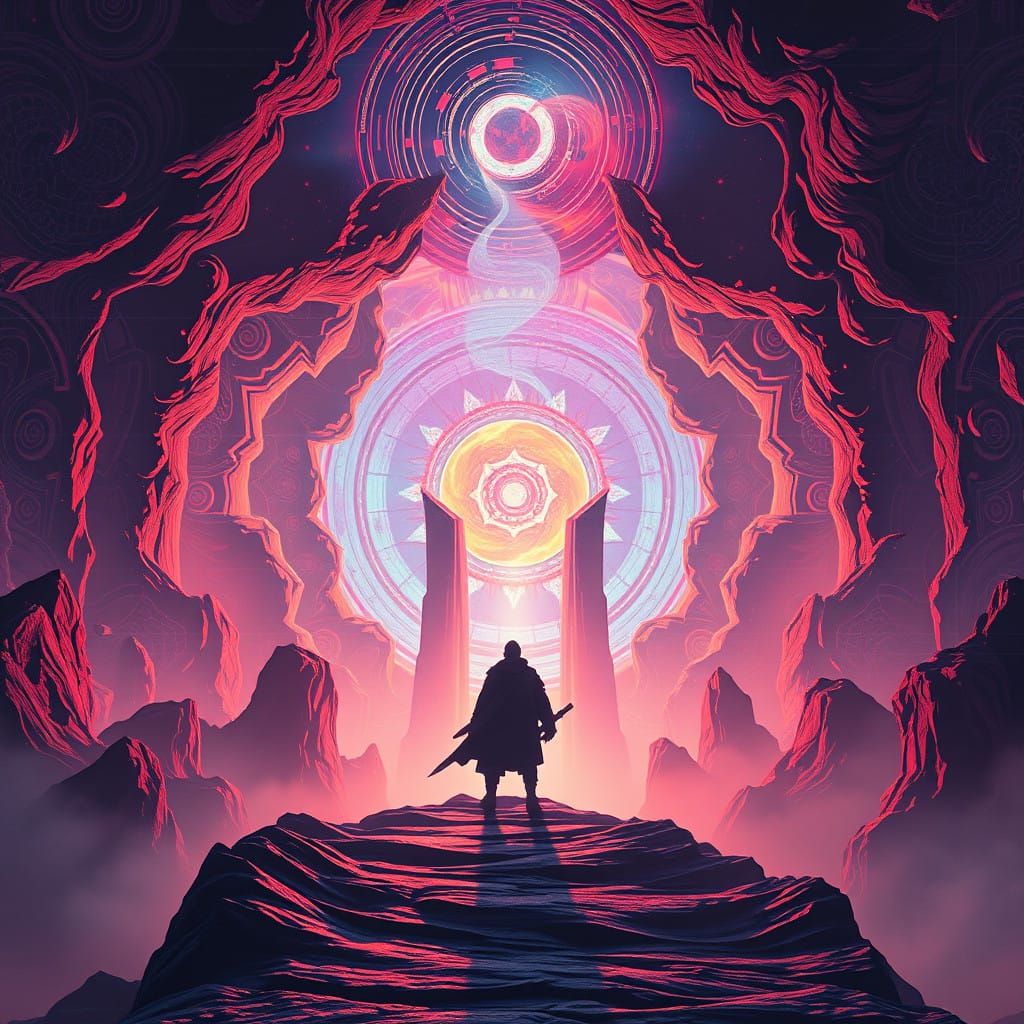 Heroic Figure Conquers Mystical Realm in Vibrant Color