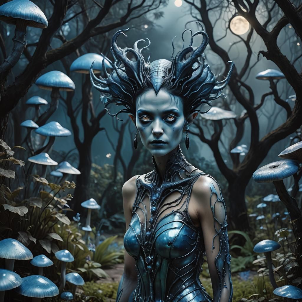 Blue Alien Woman in Surreal Moonlit Garden