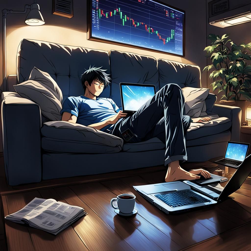 Man Asleep with Stock Market Laptop, Anime Style