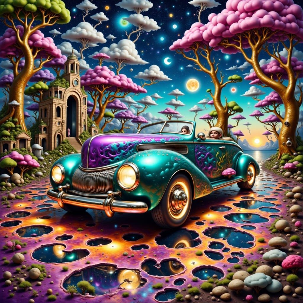 Surreal 1940s Car in Neon Dreamscape as Dalí Style Art