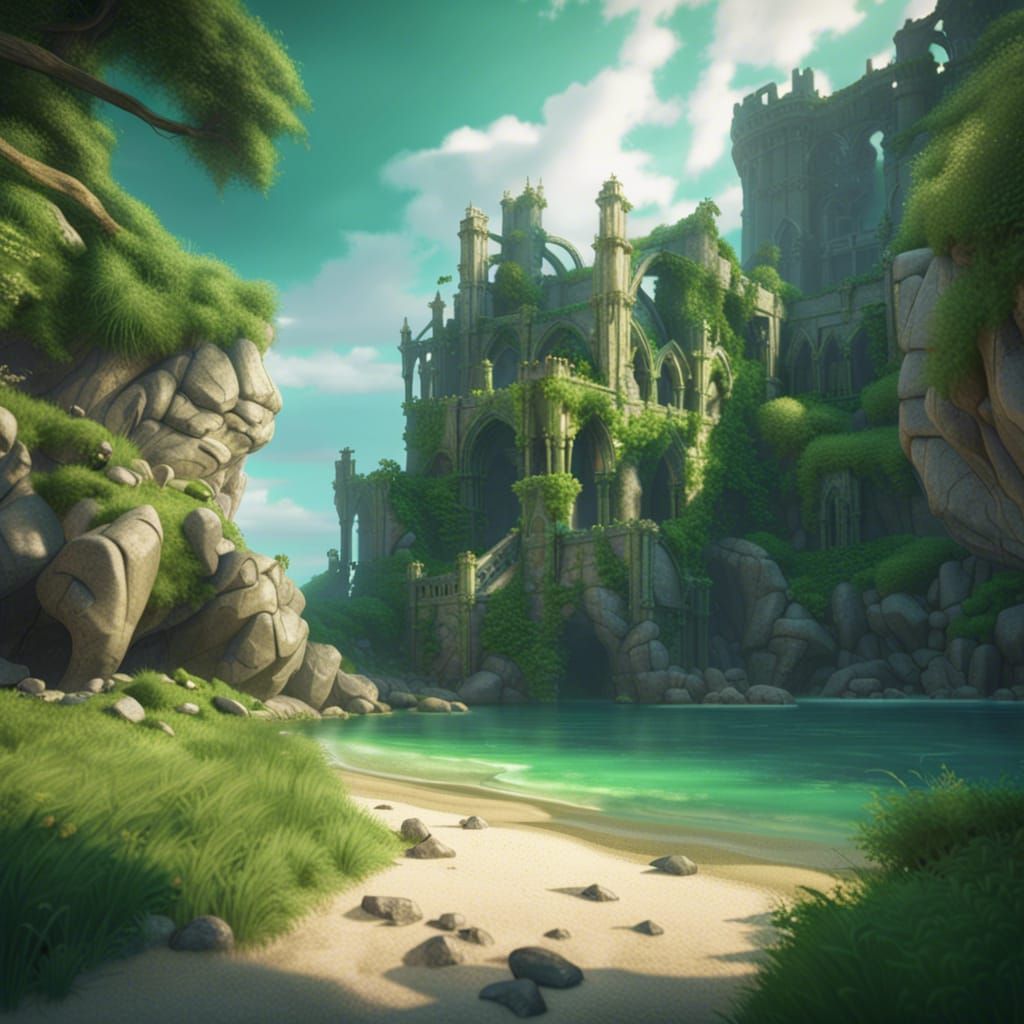 Green Beach Castle Ruins: Fantasy Concept Art