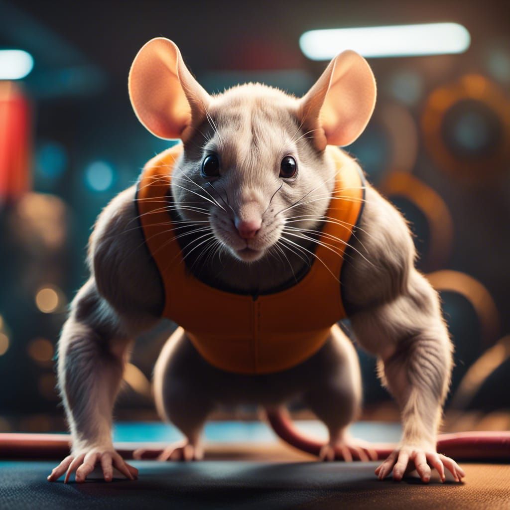 Muscular Anthropomorphic Mouse in Gym, Realistic Style