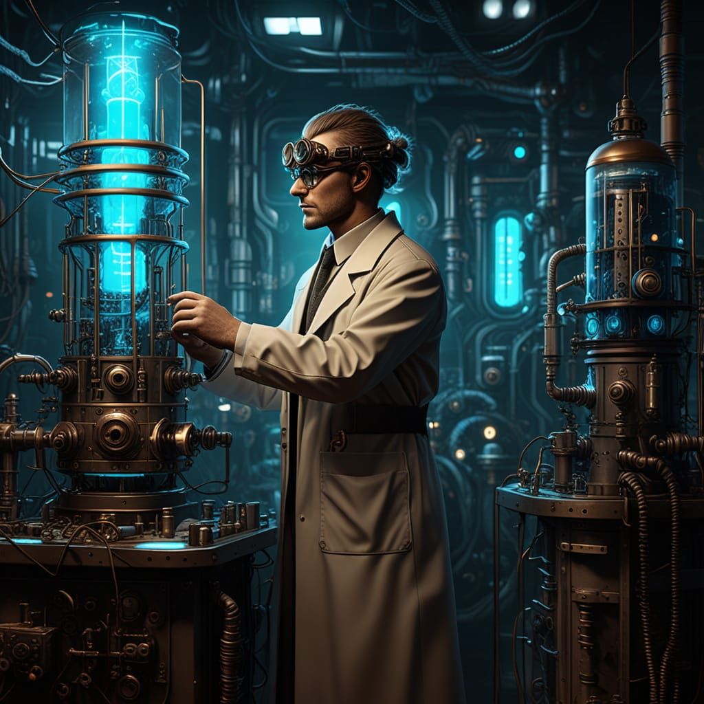 Mad scientist piecing together a fantastical machine