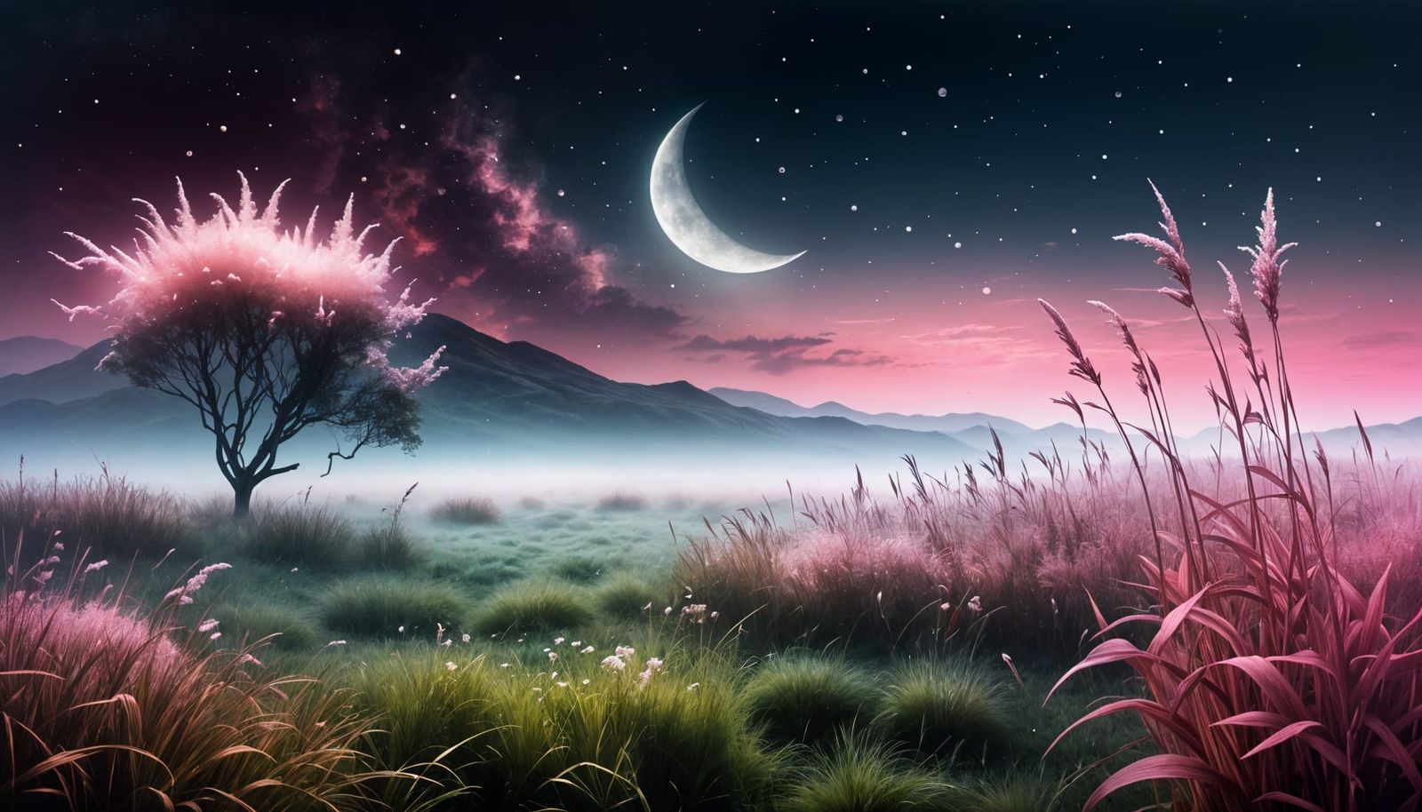 Misty Field Under Glowing Crescent Moon