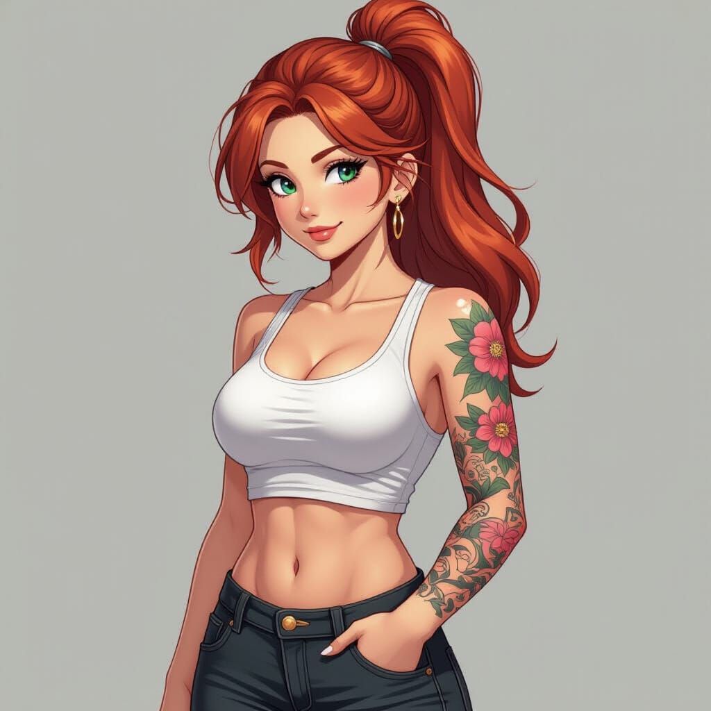 Cool Auburn Haired Woman with Tattoos in Manga Style