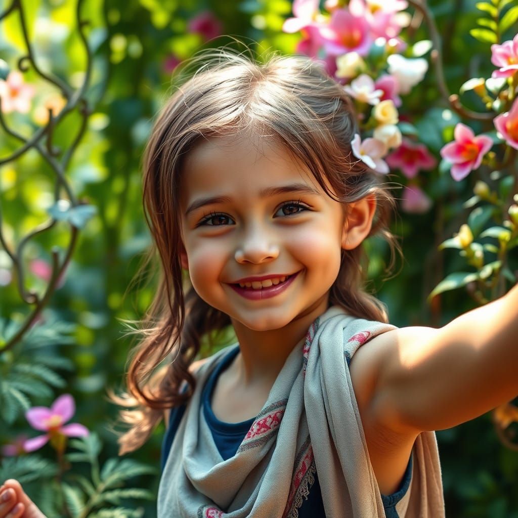 Joyful Child Surrounded by Vibrant Garden Blooms