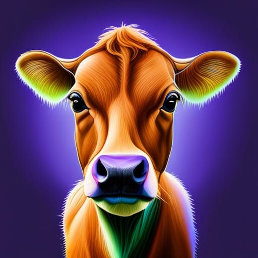 Detailed Jersey Cow Portrait with Neon Laser Background