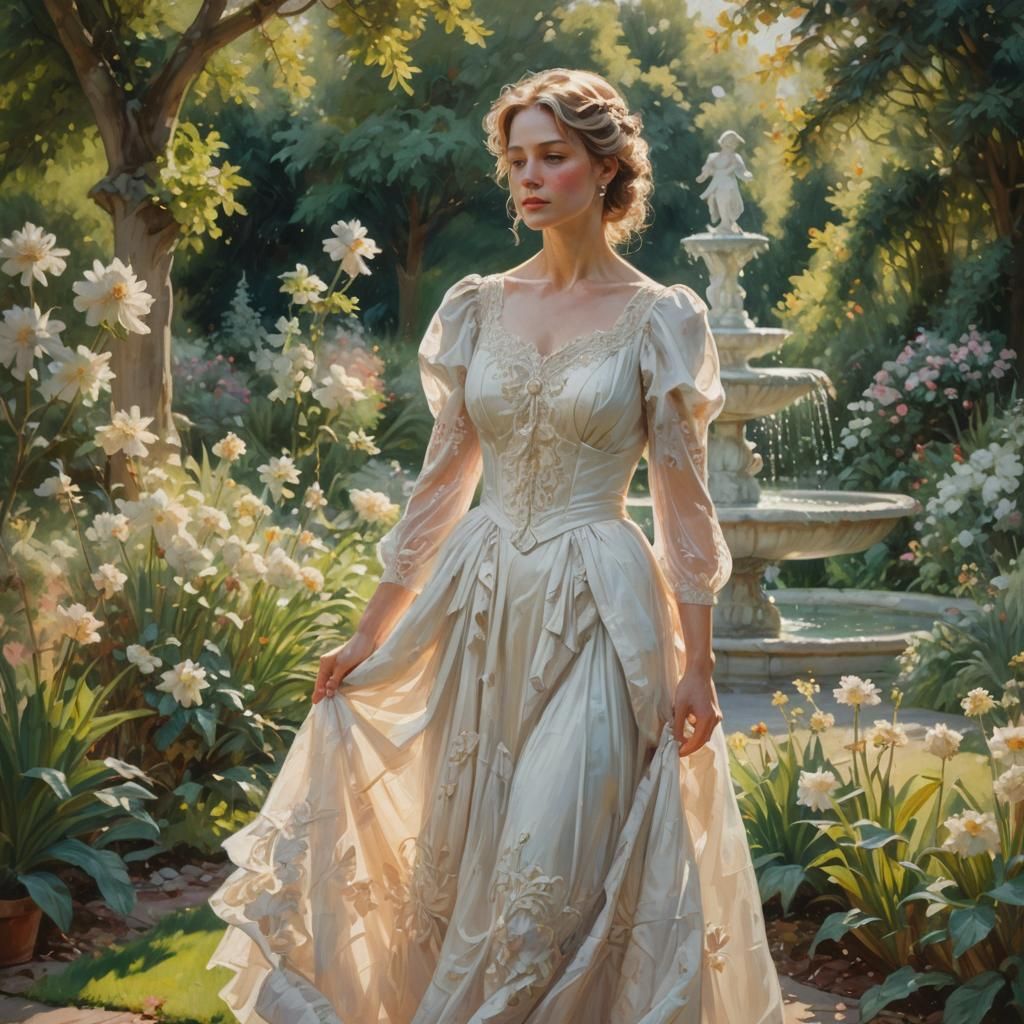 Woman in Garden: Impressionist Realism Painting