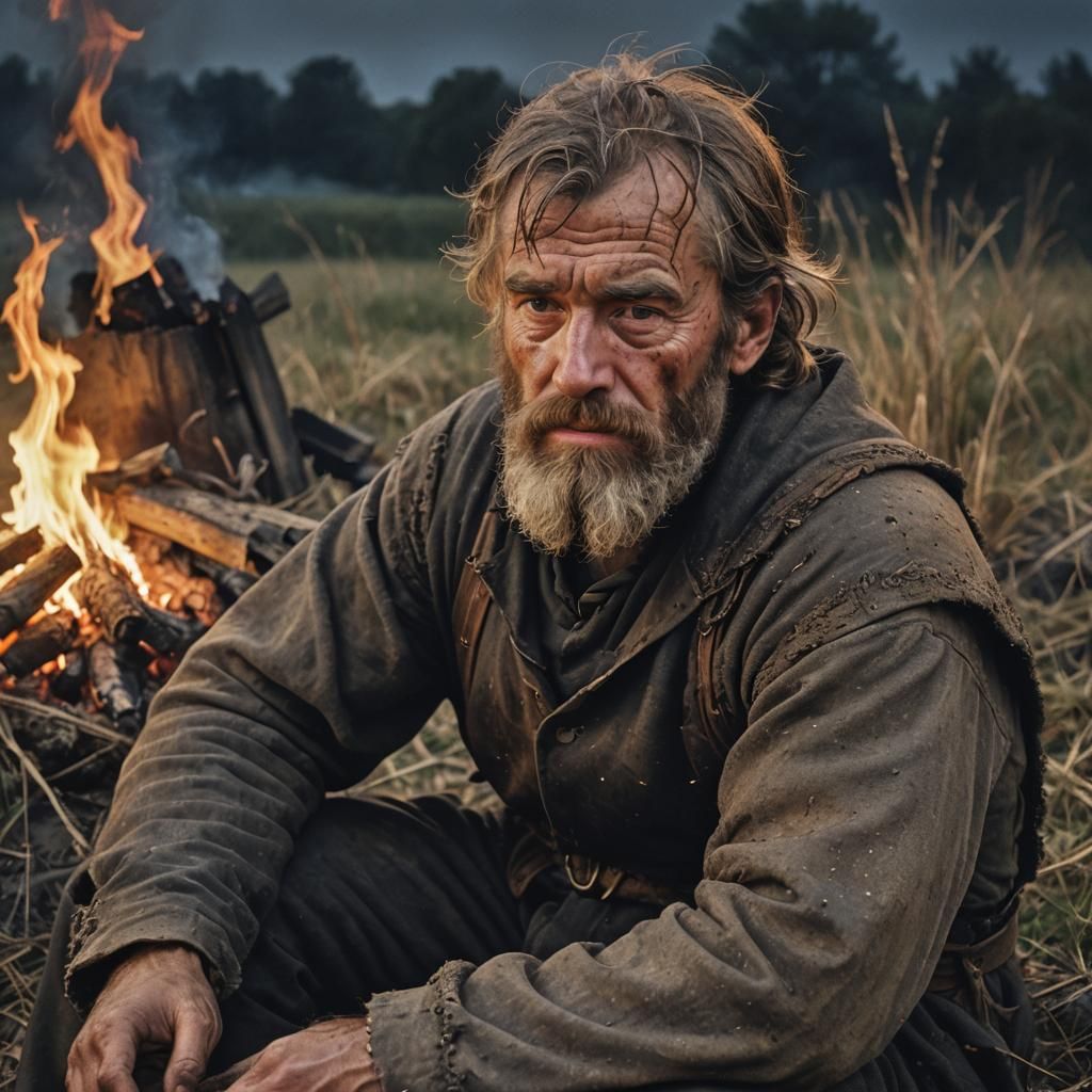 Medieval Man by Firelight: Photorealistic Close-Up