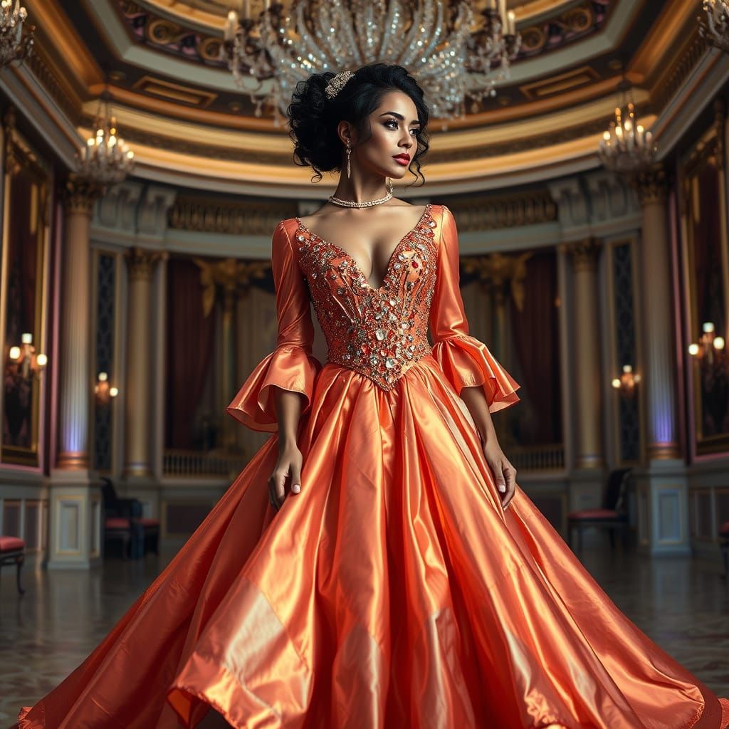 Elegant Woman in Copper-Hued Soap Bubble-Inspired Ball Gown