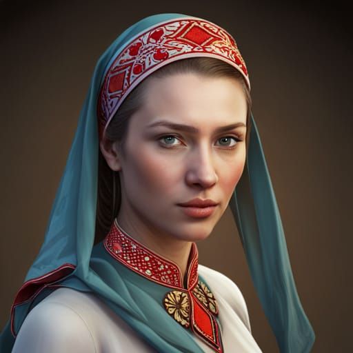 Slavic Beauty in Traditional Dress: Art Nouveau Portrait