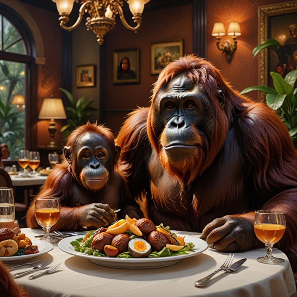 Orangutans Fine Dining in Hyper-Realistic Oil Painting