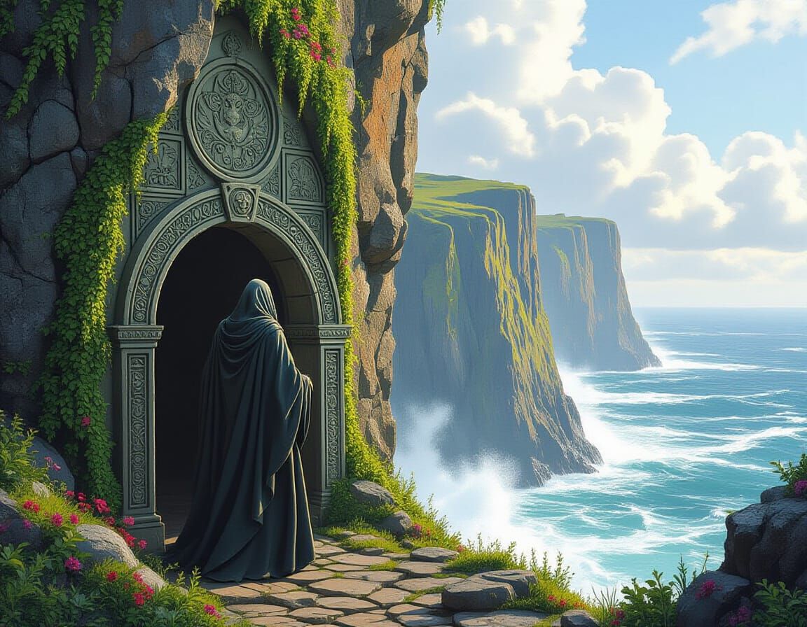 Wizard on Cliff Overlooking Raging Ocean