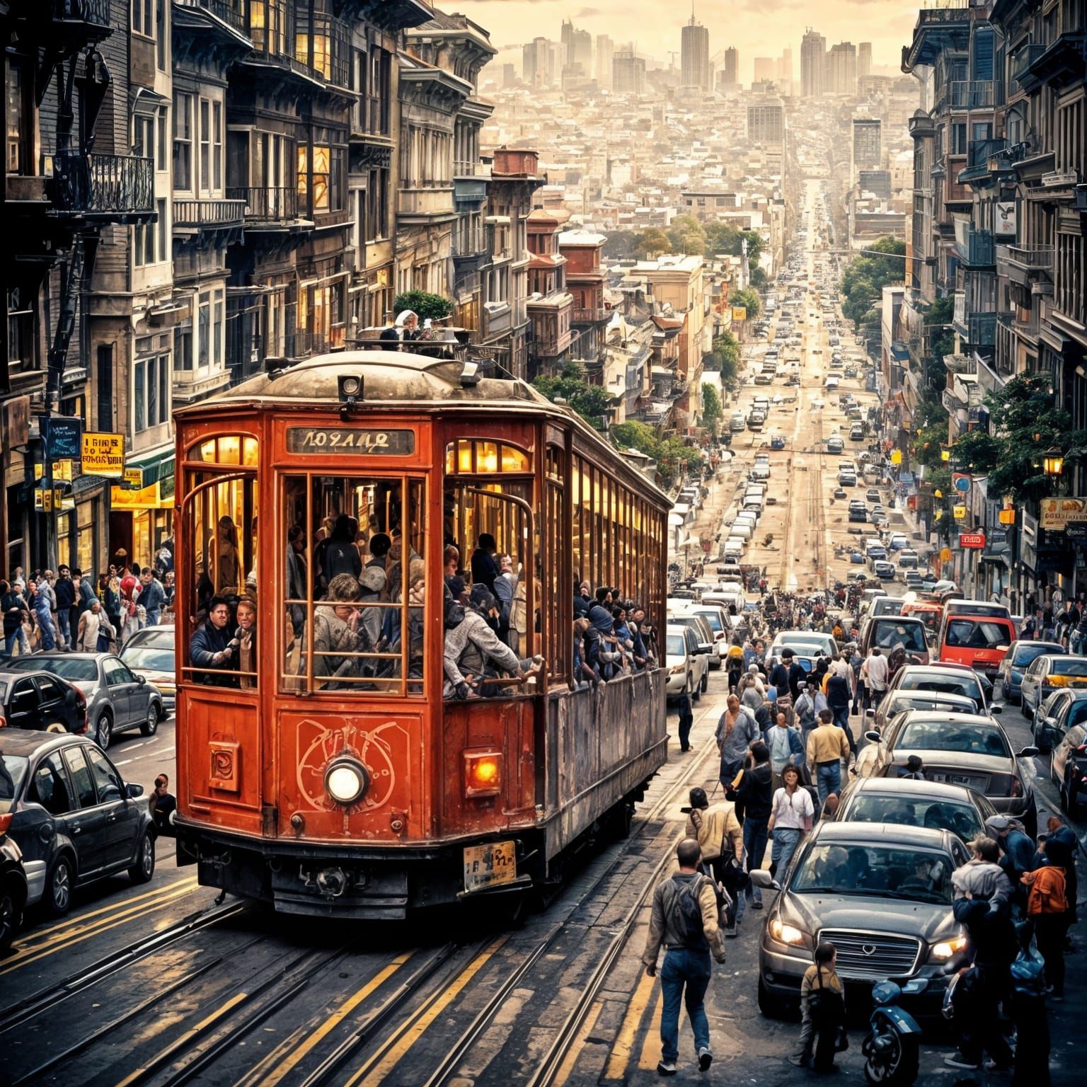 Impressionist Nighttime Scene of San Francisco's Steep Stree...