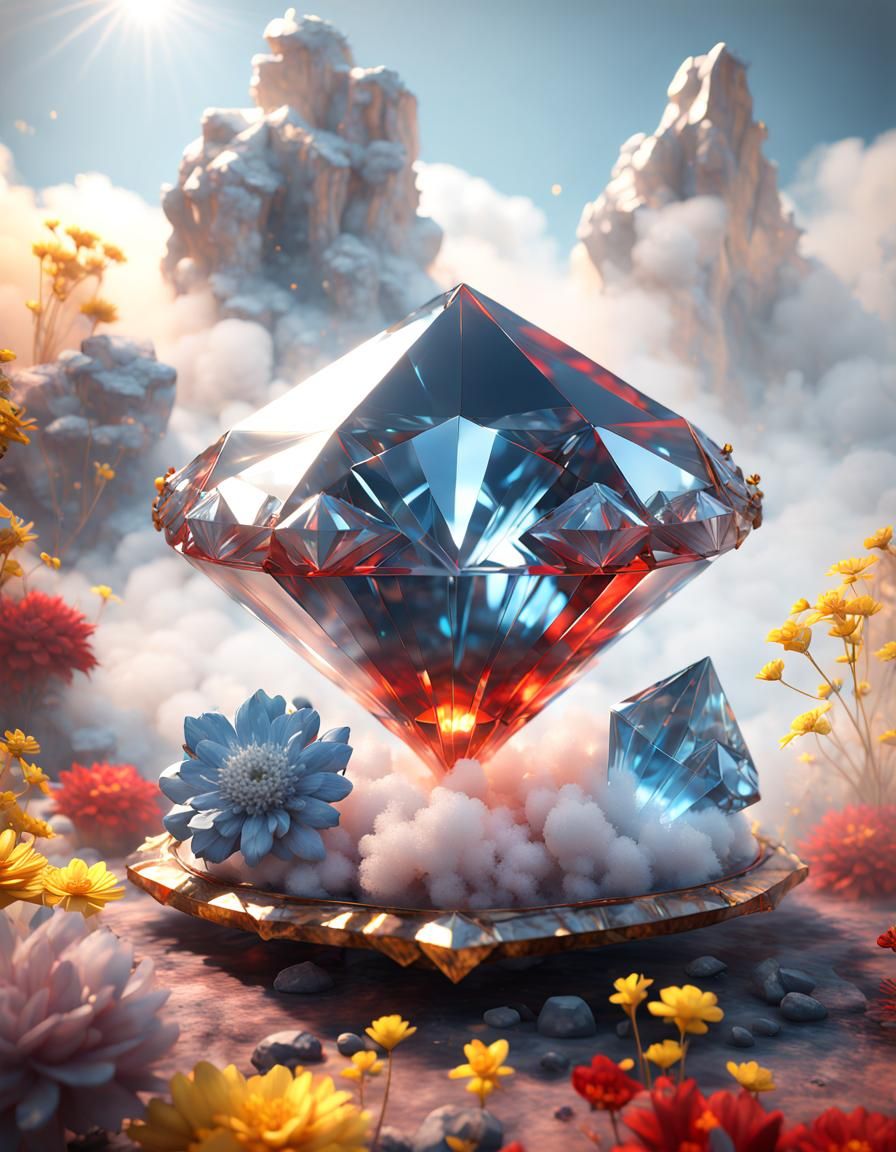 Giant Diamond on Smoke with Flowers, 3D Cinematic Art