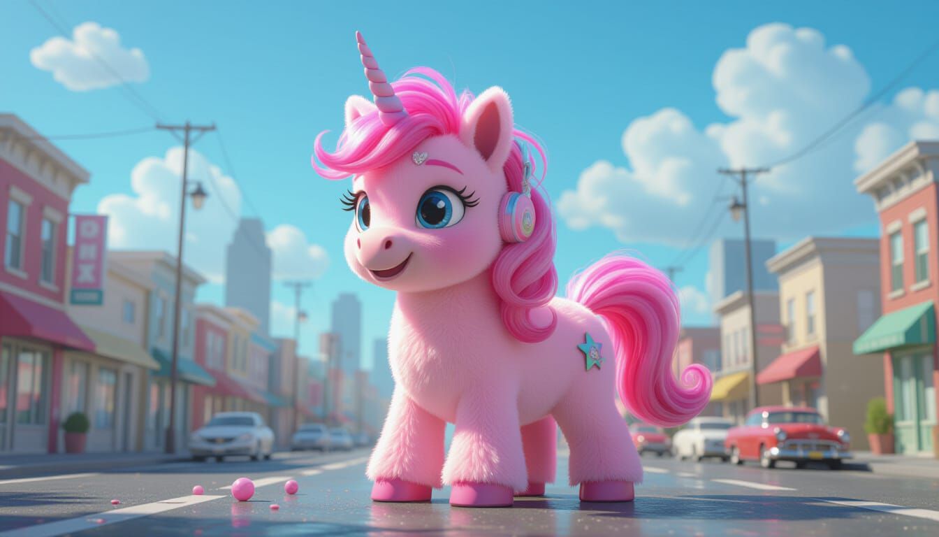 Fluffy Pink Unicorn in Cubist Urban Style
