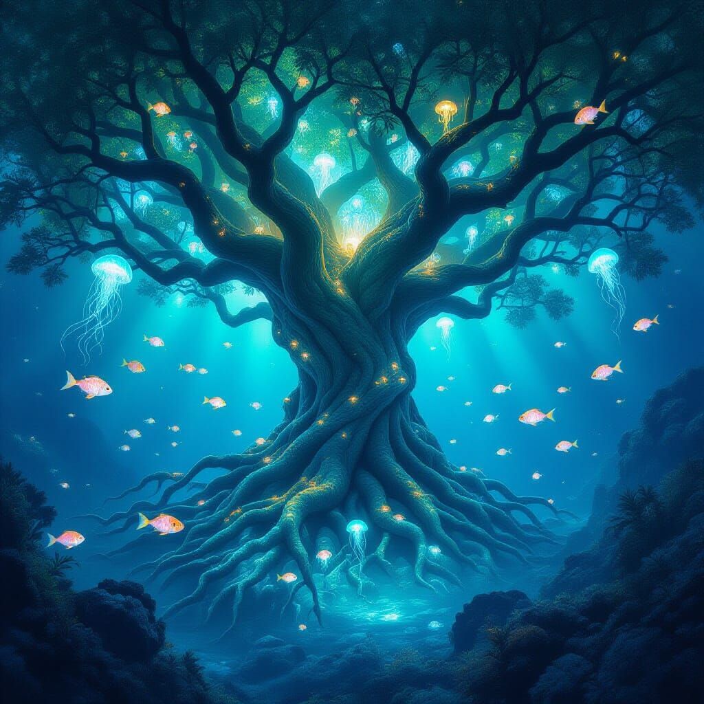 Ancient Bioluminescent Tree on Crystalline Seabed