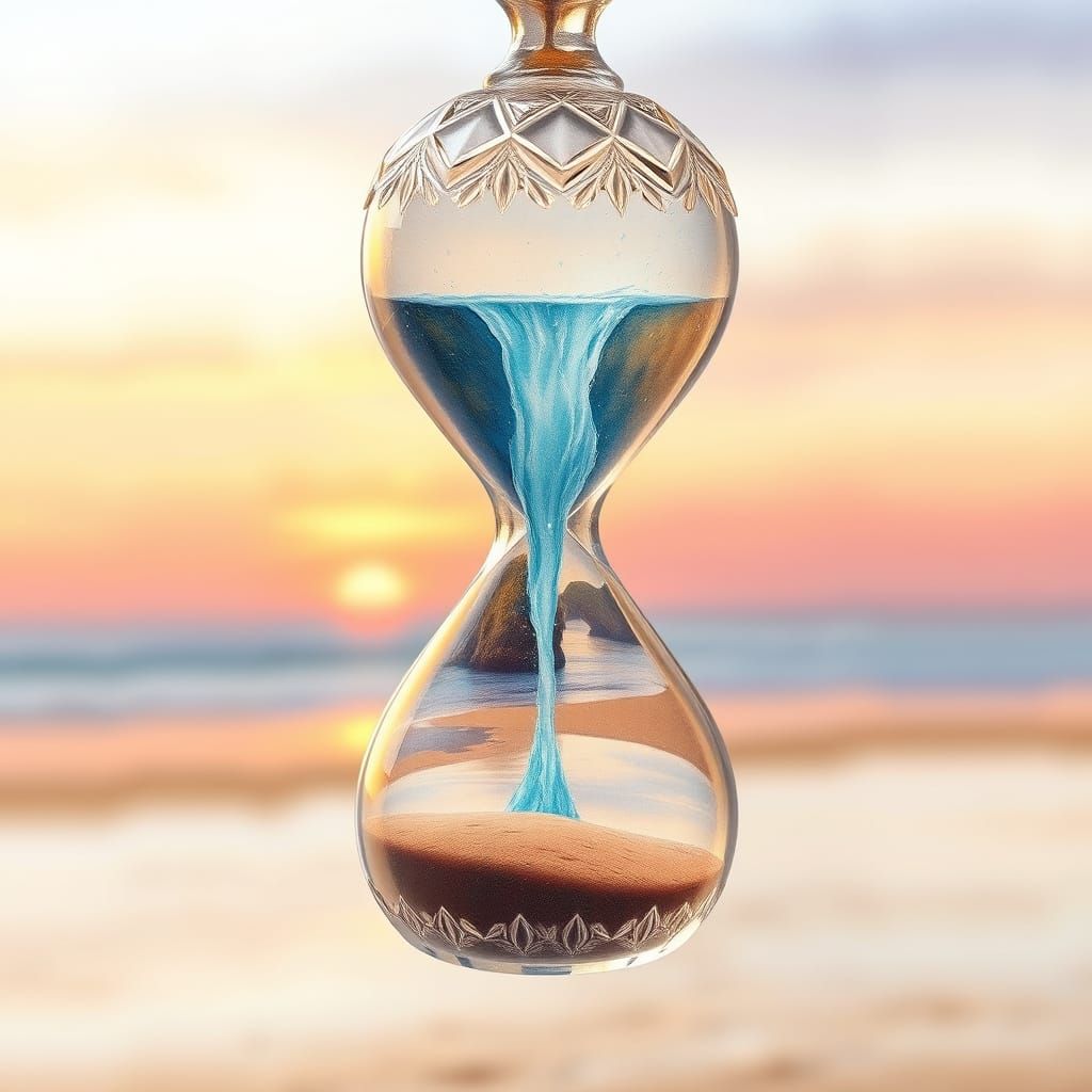 Ethereal Crystal Hourglass with Sunset Waterfall Scene