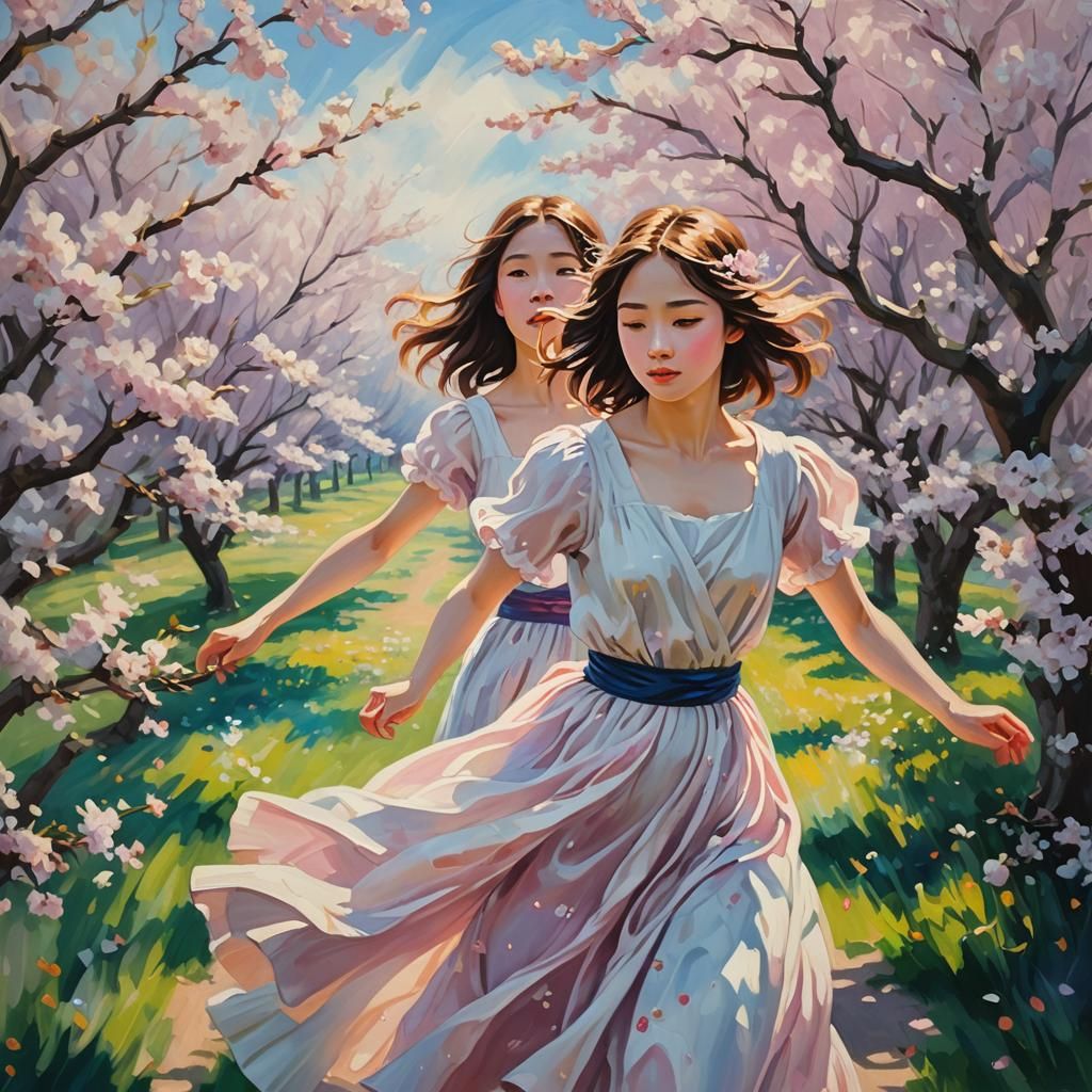 Girl in Cherry Blossom Field, Oil Painting