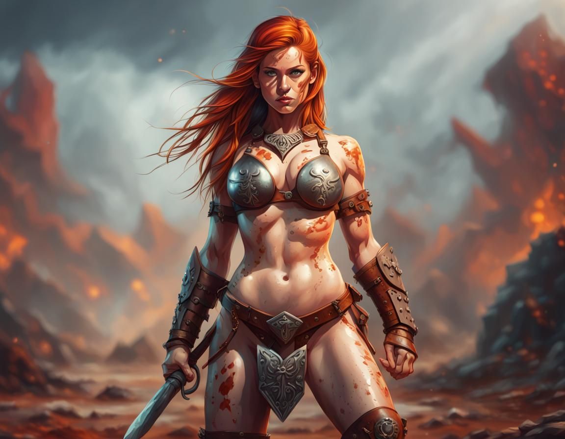 Redhead Barbarian Warrior in Battleground: Hyperrealistic Ar...