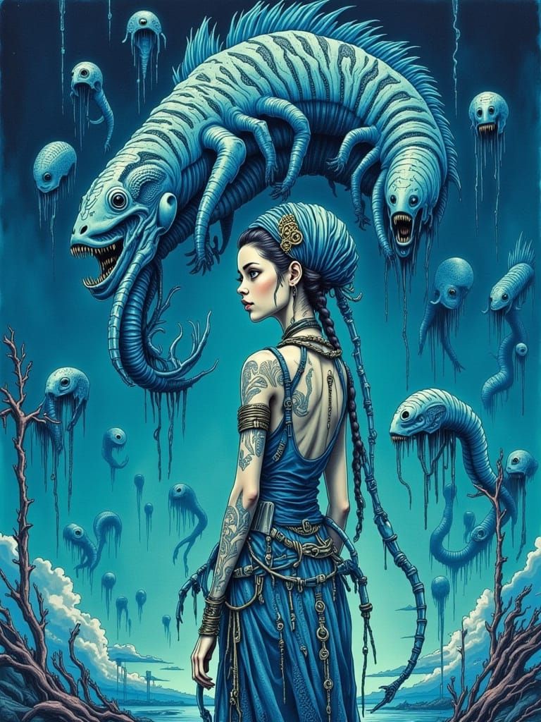 Woman in Sari Faces Giant Dryad Oarfish in Watercolor