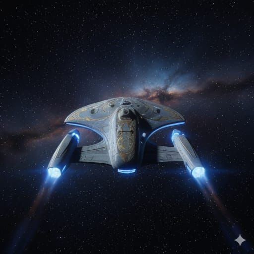 Intrepid Starship Glides Through Cosmic Void with Golden Etc...