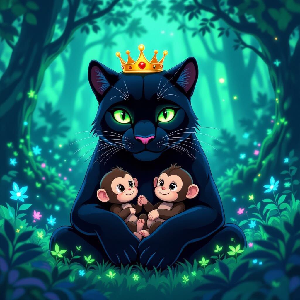 Black Panther, Monkey, and Bioluminescent Forest, Ghibli Sty...