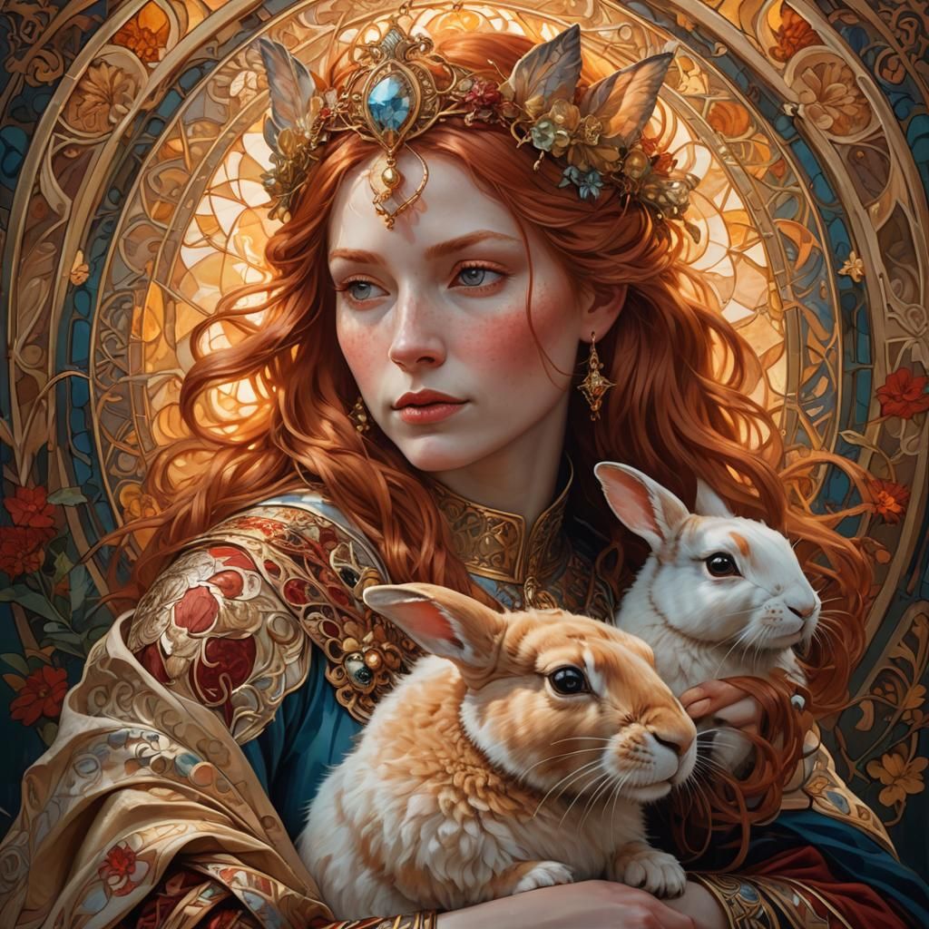 Red-Haired Queen with Rabbit, in Art Nouveau Style