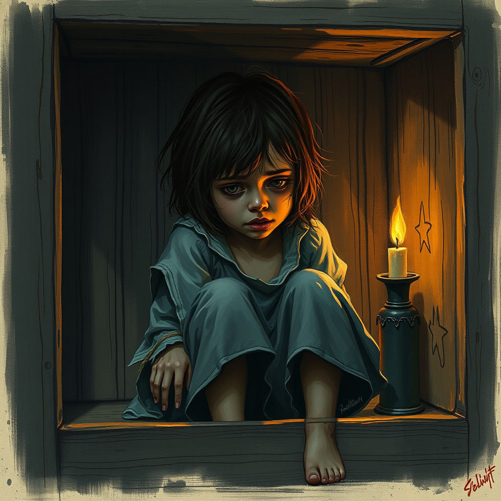 Distraught Girl in Coffin-like Box, Gothic Illustration