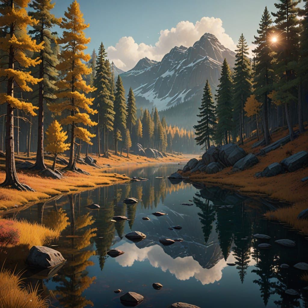Surreal Mountain Lake Scene in Renaissance-Inspired Cinemati...