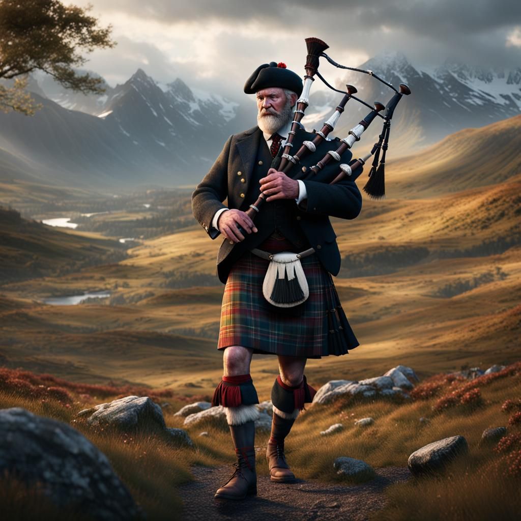 Scottish Bagpiper in Highlands: Detailed Matte Painting