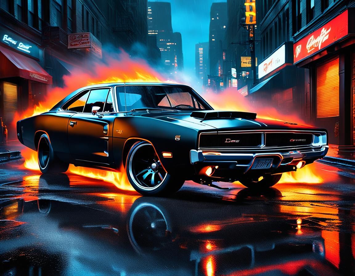 Burning '69 Charger in Cyberpunk Cityscape