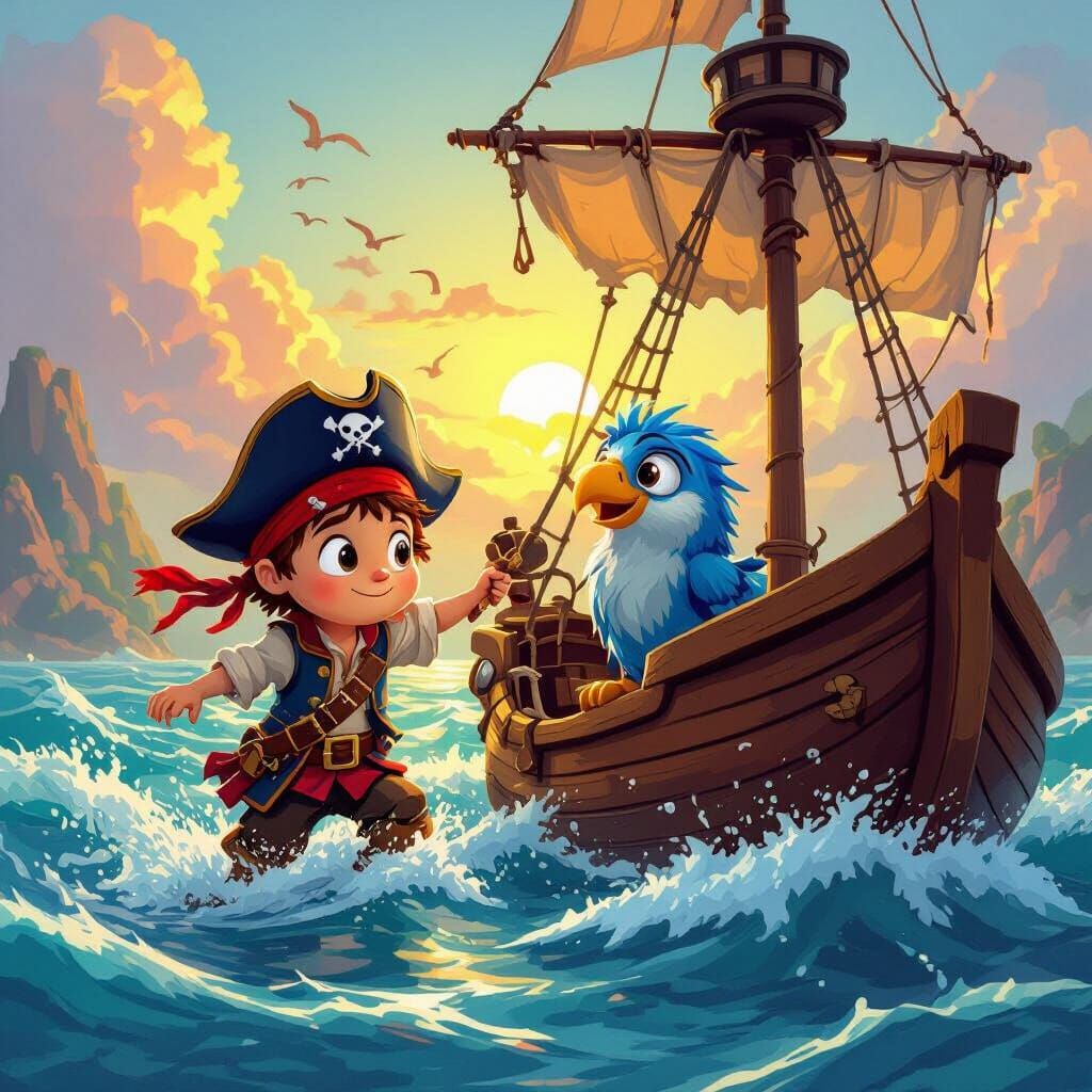 Pirate Ship Adventure With Boy And Parrot