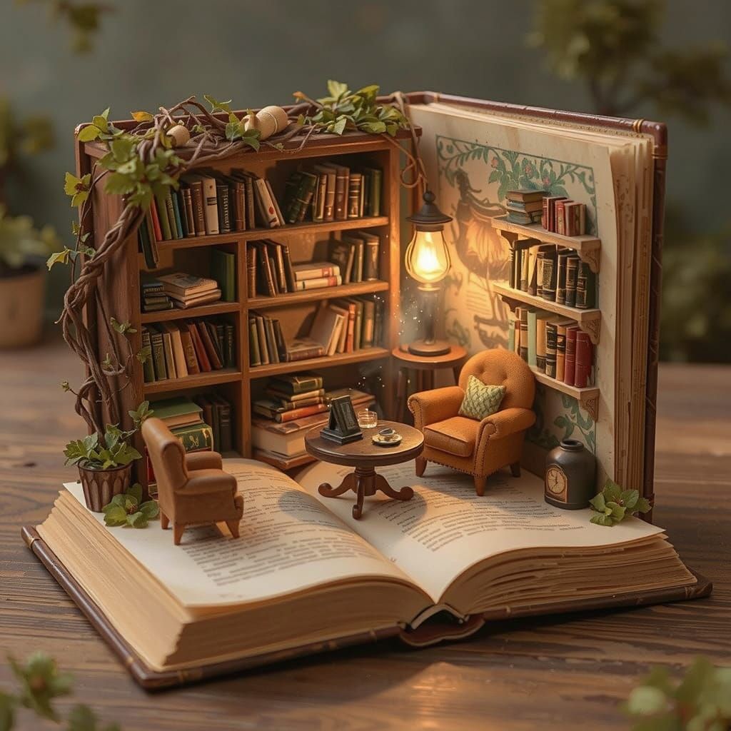 Cozy Reading Room Grows From Antique Book in Painterly Style