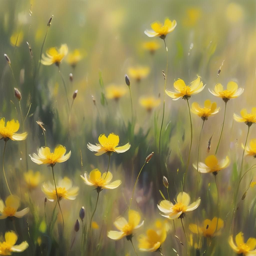 Impressionist Yellow Flowers in Sunny Meadow