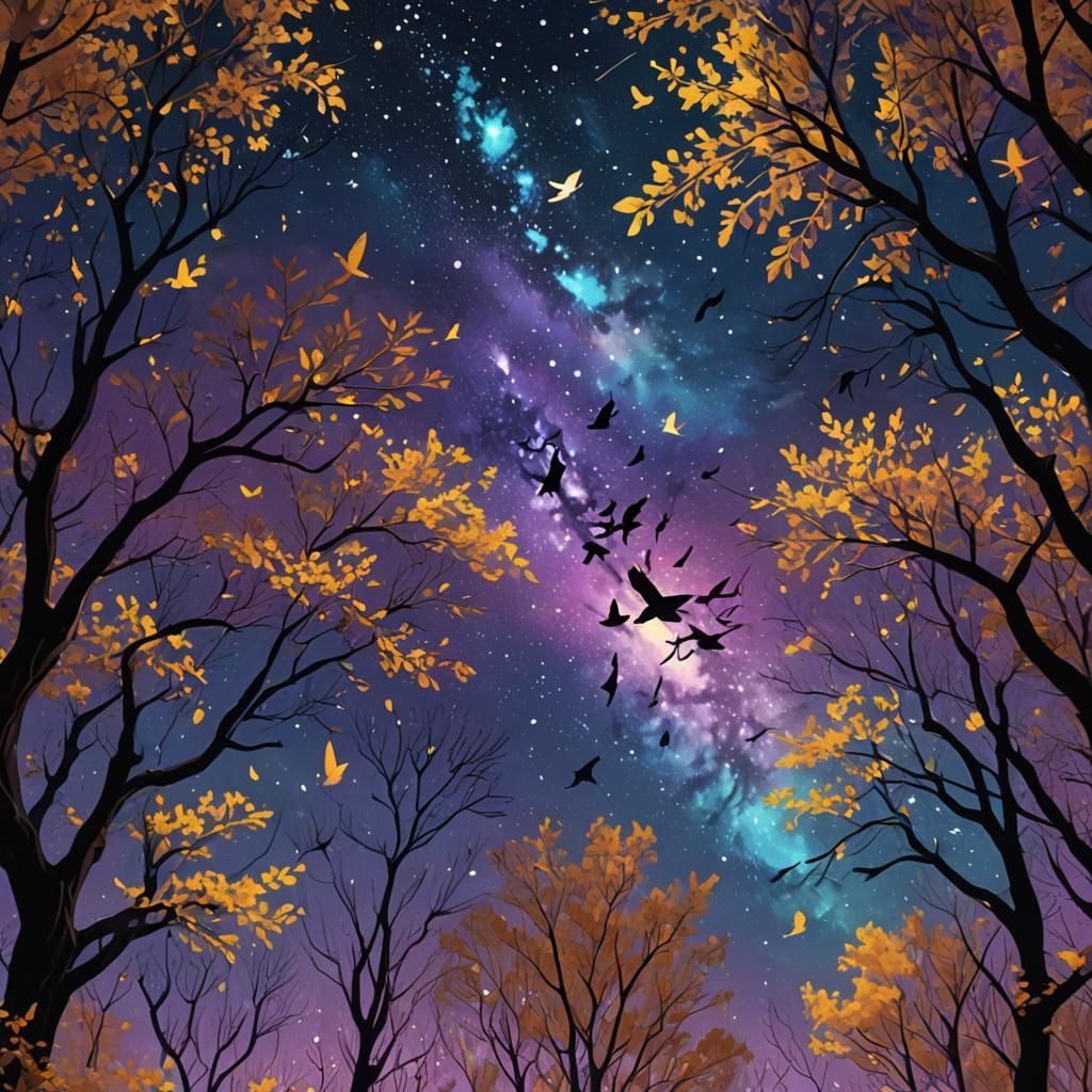 Birds Soaring Over Starry Night Landscape
