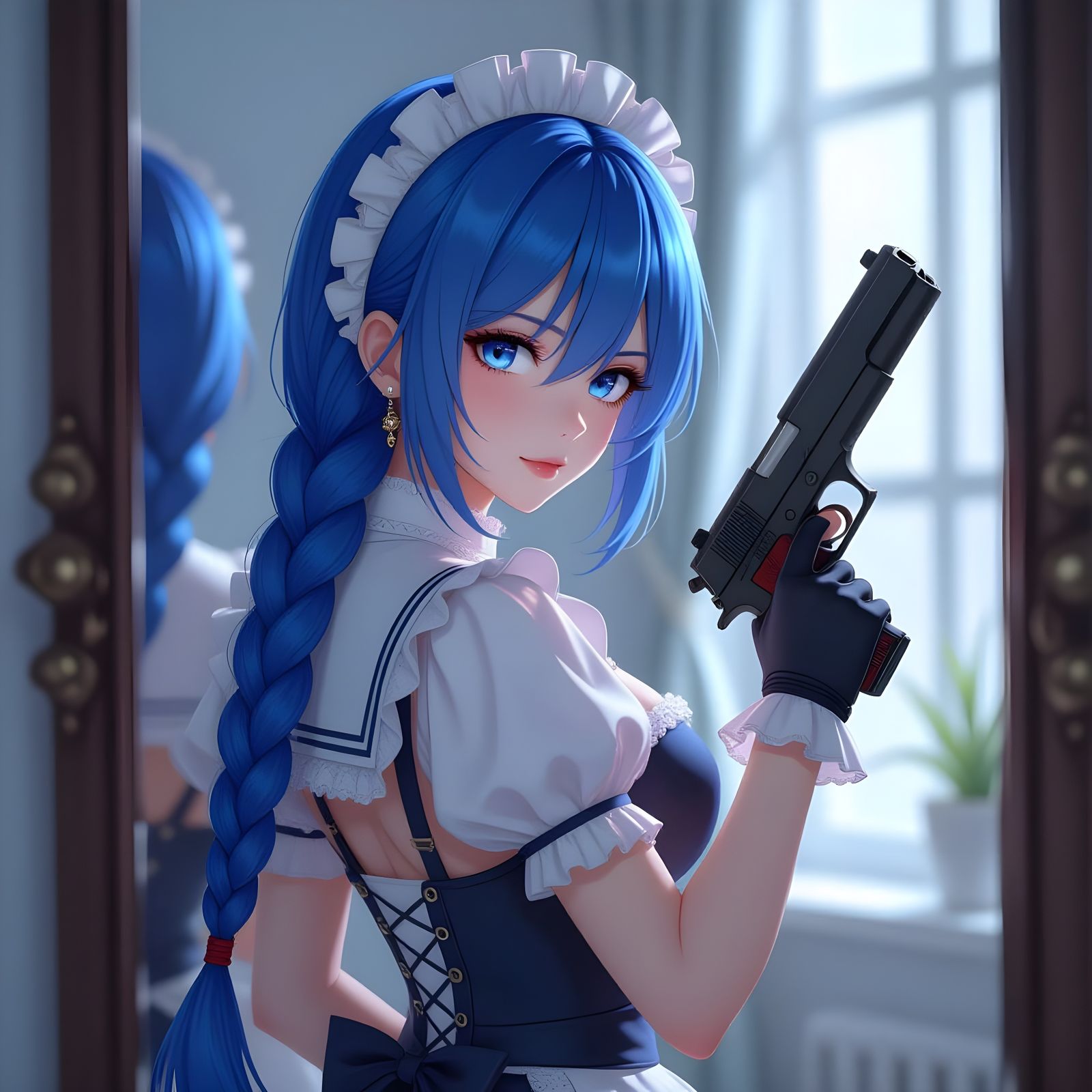 Anime Maid with Blue Hair and Pistol in 3D Art Style