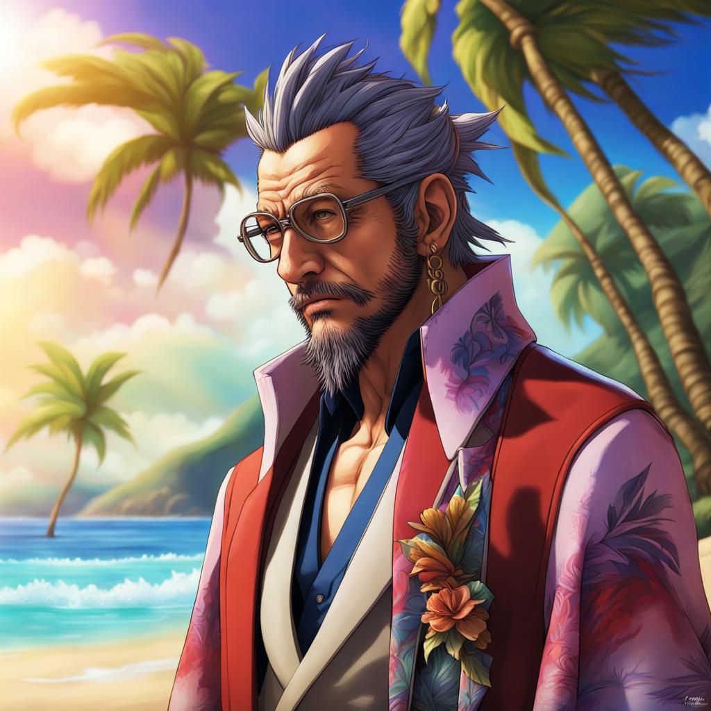 Auron on Hawaiian Vacation in Hyperrealistic Splash Art