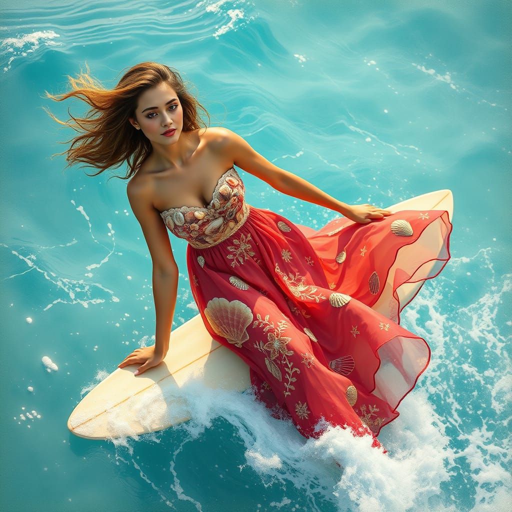 Woman Riding Surfboard in Whimsical, Dreamlike Atmosphere