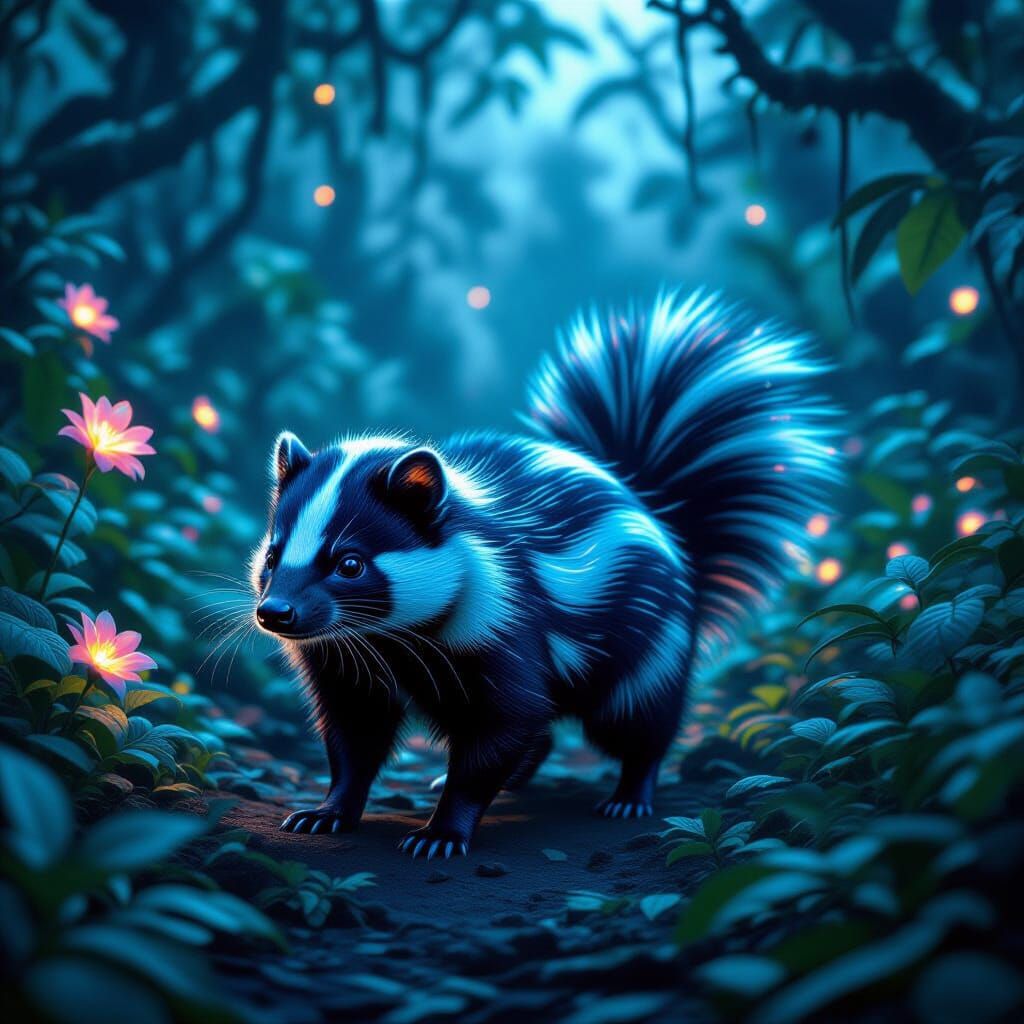Bioluminescent Skunk in Alien Jungle Twilight