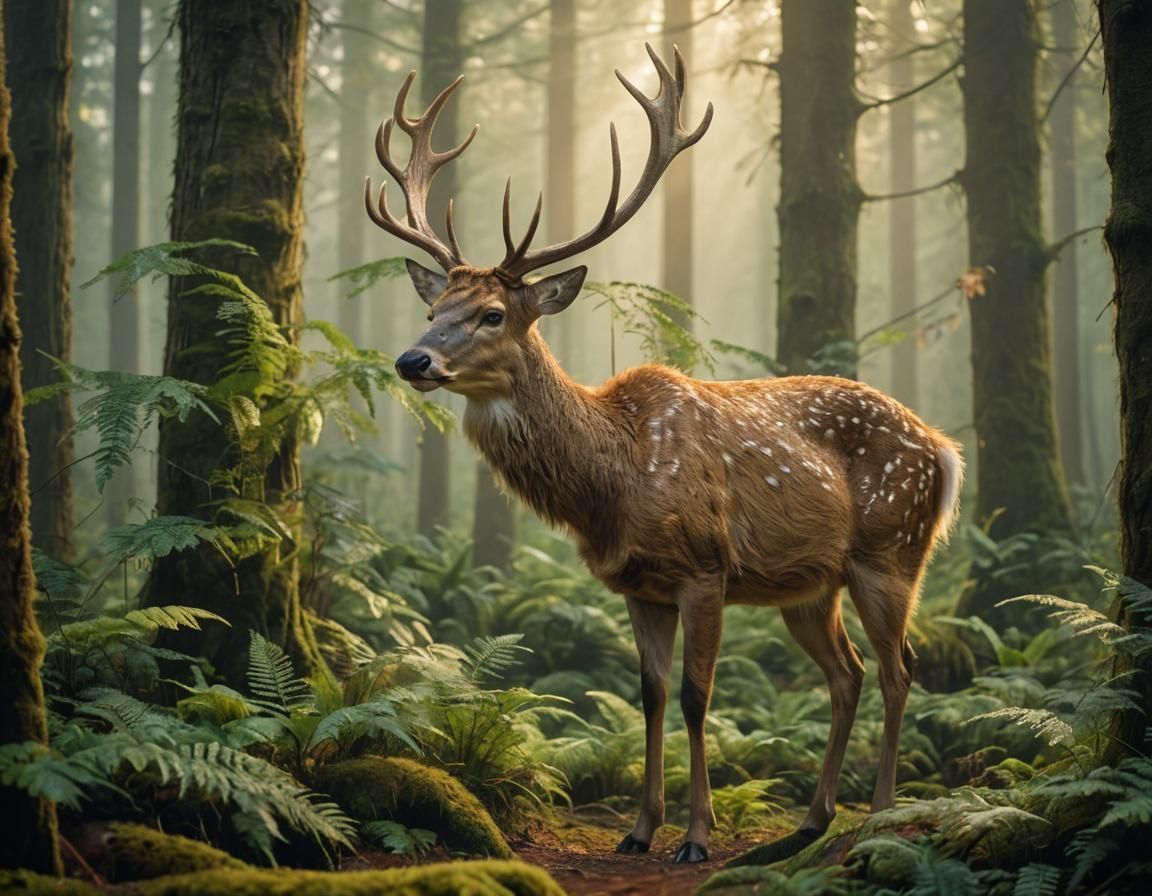 Majestic Deer in Misty Forest: Illuminated Realism