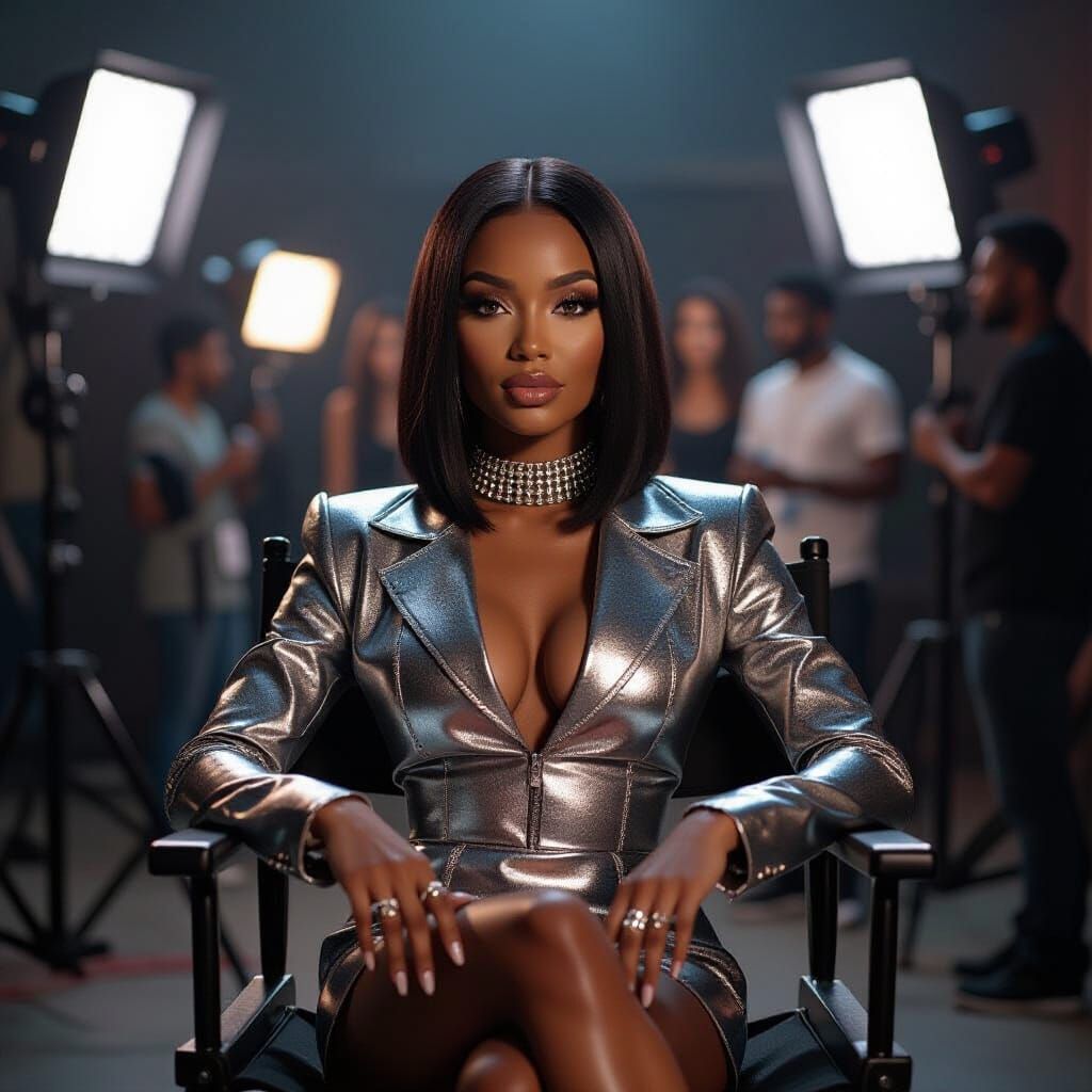 Black Female Music Artist in Metallic Fashion on Film Set